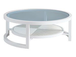 Lexington Tommy Bahama Outdoor 3460-943 Round Cocktail Table - Ocean Breeze Elegance With Marine Blue Glass Top & Woven Shelf Design White Wood 3460-943