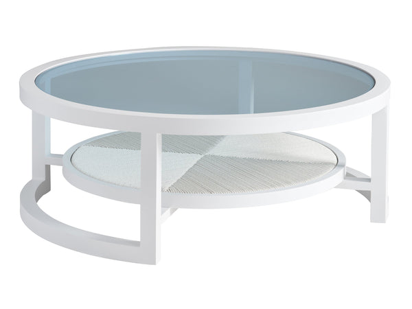 Lexington Tommy Bahama Outdoor 3460-943 Round Cocktail Table - Ocean Breeze Elegance With Marine Blue Glass Top & Woven Shelf Design White Wood 3460-943