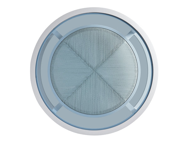 Lexington Tommy Bahama Outdoor 3460-943 Round Cocktail Table - Ocean Breeze Elegance With Marine Blue Glass Top & Woven Shelf Design White Wood 3460-943