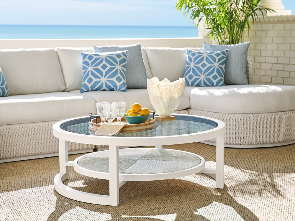 Lexington Tommy Bahama Outdoor 3460-943 Round Cocktail Table - Ocean Breeze Elegance With Marine Blue Glass Top & Woven Shelf Design White Wood 3460-943