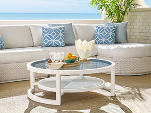 Lexington Tommy Bahama Outdoor 3460-943 Round Cocktail Table - Ocean Breeze Elegance With Marine Blue Glass Top & Woven Shelf Design White Wood 3460-943