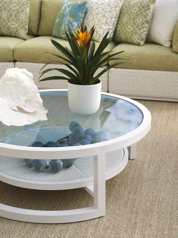Lexington Tommy Bahama Outdoor 3460-943 Round Cocktail Table - Ocean Breeze Elegance With Marine Blue Glass Top & Woven Shelf Design White Wood 3460-943