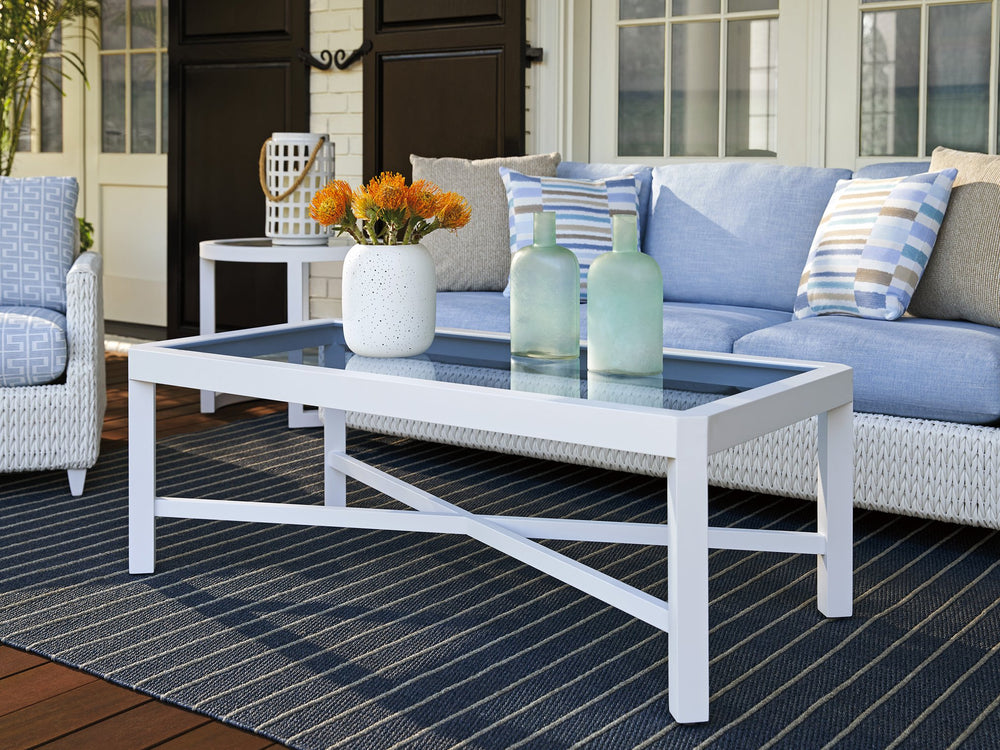 Lexington Tommy Bahama Outdoor 3460-947 Elegant Herringbone Cocktail Table In Pearl White Finish For Coastal Inspired Living White Wood 3460-947