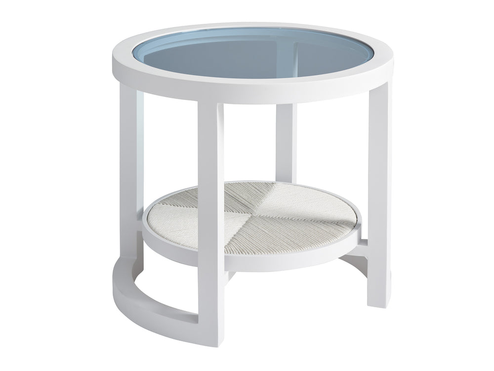 Lexington Tommy Bahama Outdoor 3460-953 Ocean Breeze Round End Table - Elegant Coastal Design With Glass Top & Herringbone Weave White Wood 3460-953