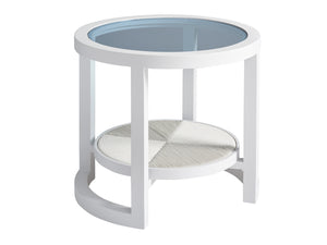 Lexington Tommy Bahama Outdoor 3460-953 Ocean Breeze Round End Table - Elegant Coastal Design With Glass Top & Herringbone Weave White Wood 3460-953