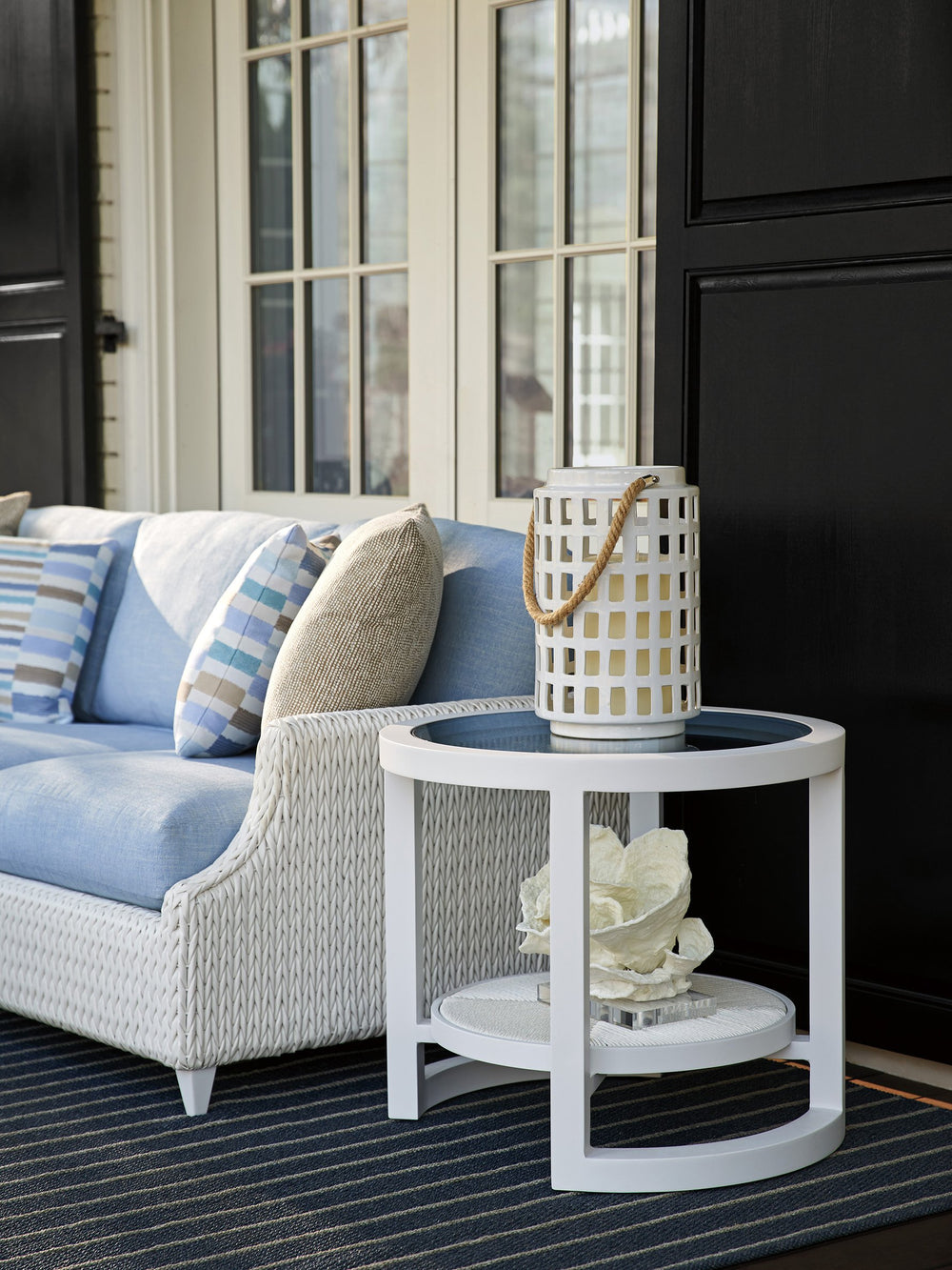 Lexington Tommy Bahama Outdoor 3460-953 Ocean Breeze Round End Table - Elegant Coastal Design With Glass Top & Herringbone Weave White Wood 3460-953