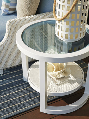 Lexington Tommy Bahama Outdoor 3460-953 Ocean Breeze Round End Table - Elegant Coastal Design With Glass Top & Herringbone Weave White Wood 3460-953