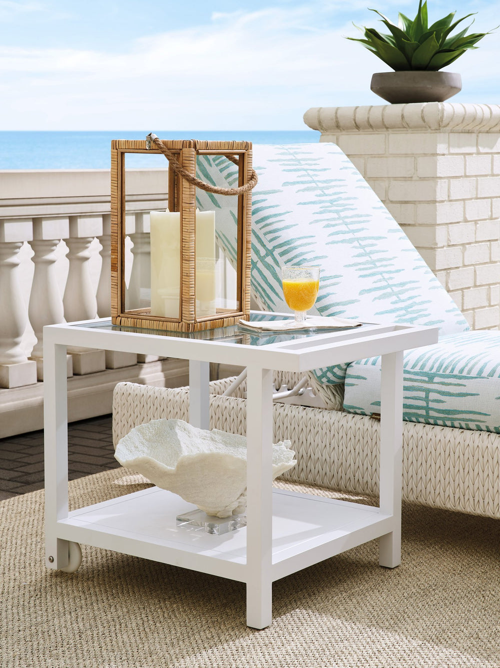 Lexington Tommy Bahama Outdoor 3460-955 Ocean Breeze Promenade Mobile End Table With Elegant Herringbone Weave And Wheels White Wood 3460-955