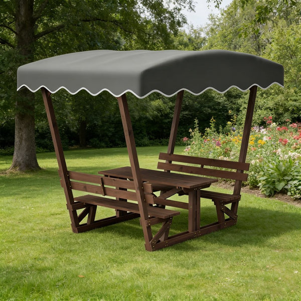 English Elm 5'x3' Wooden Gazebo Patio Shelter with Oxford Canopy Bench Seating and Slatted Table W1422S00075