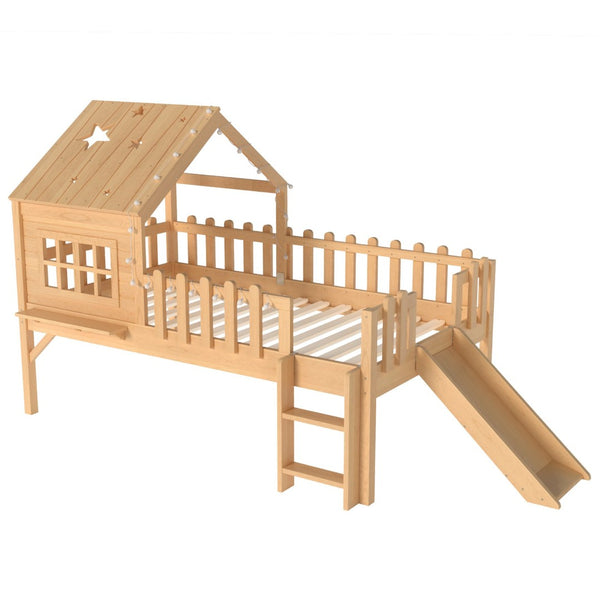 English Elm Twin Playhouse Loft Bed Solid Pine Frame with Slide Led Lights and Star Roof Natural W5316S00002