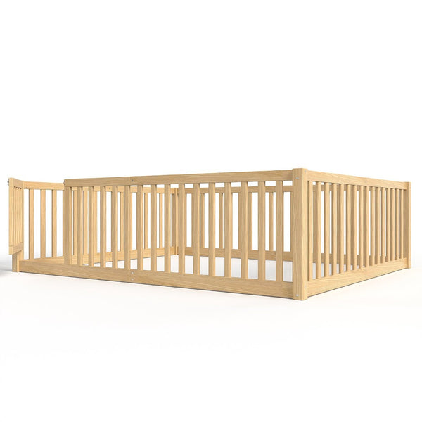 English Elm Queen Kids Floor Bed Pine Wood Frame with Safety Rails Door and Low Profile Design Natural W1580P417673