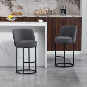 English Elm Counter Height Barstools Set of 2 Linen Upholstered Barrel Seat with Iron Legs Gray W395P410436
