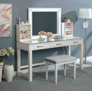 English Elm Glam Elegant Vanity Set with LED Mirror, Plush Stool, Ample Storage, Felt-Lined Drawers, Chic Finish White 65 L x 25 W x 15 H B2741S00682
