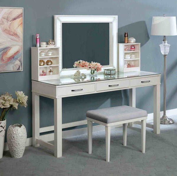 English Elm Glam Elegant Vanity Set with LED Mirror, Plush Stool, Ample Storage, Felt-Lined Drawers, Chic Finish White 65 L x 25 W x 15 H B2741S00682