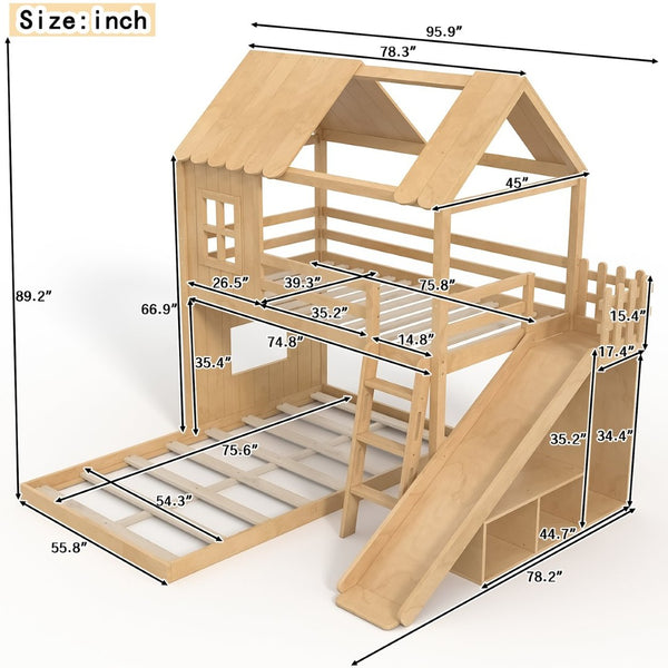 English Elm Twin Over Full Playhouse Bunk Bed with Slide Ladder Storage Shelves and Wardrobe W5305S00040