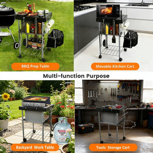 English Elm Rolling Outdoor Grill Cart with Three Shelves Powder Coated Steel Weber Kettle Compatible W2181P481702