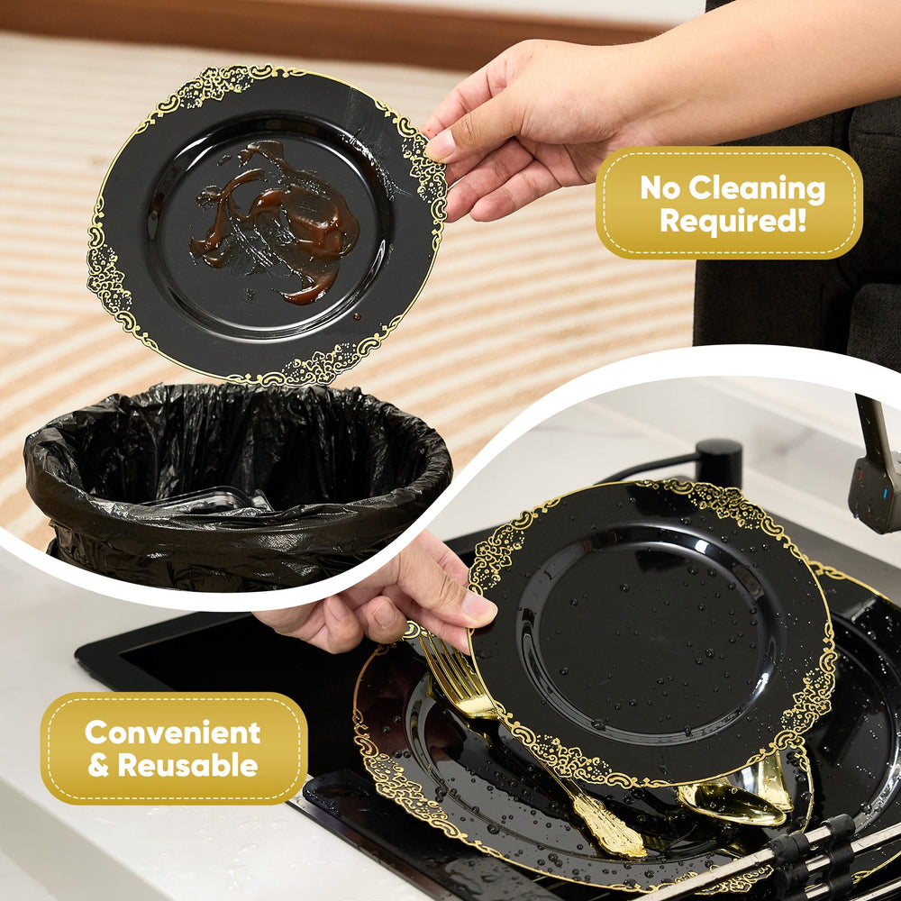 English Elm 350PCS Elegant Plastic Dinnerware Set for 50 Guests with Decorative Rim Plates, Cutlery, Cups & Napkins Black T3950P406672