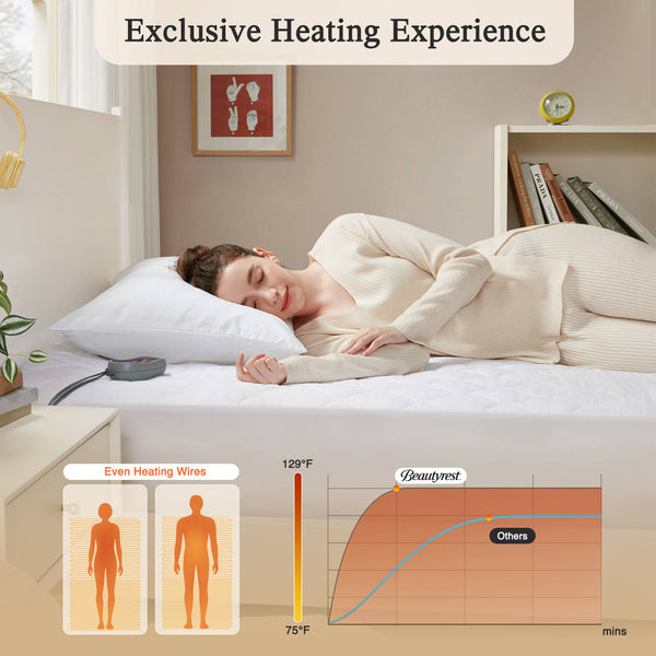 JLA Home Beautyrest - Cotton Heated Mattress Pad with Secure Comfort Tech, Fits 21" Deep, 20 Heat Levels, Machine Washable, 10hr Auto Shutoff, Hypoallergenic Comfort 75 L x 54 W x 0.8H BR55-0899