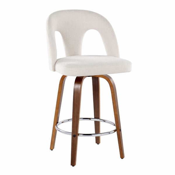 English Elm Fixed-height Swivel Counterstools with Walnut Legs Chrome Footrest and White Upholstery B202S01788
