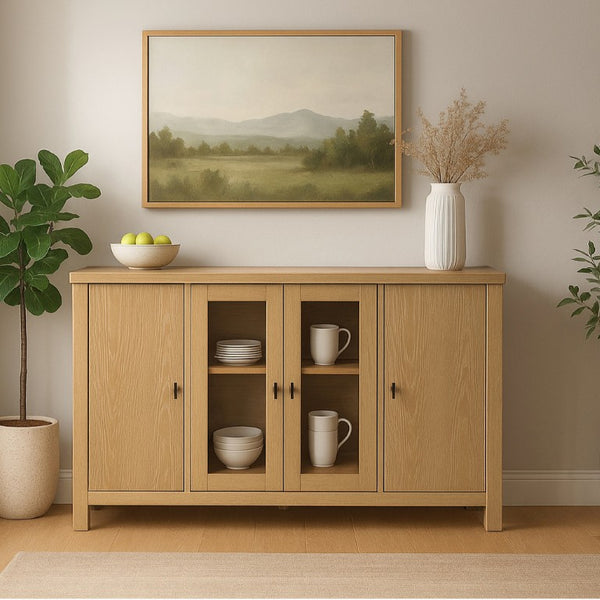 Alpine Furniture Eleanor Light Wood & Glass Sideboard—60"W Storage Console With Adjustable Shelves, Clean Modern Lines 3466-06