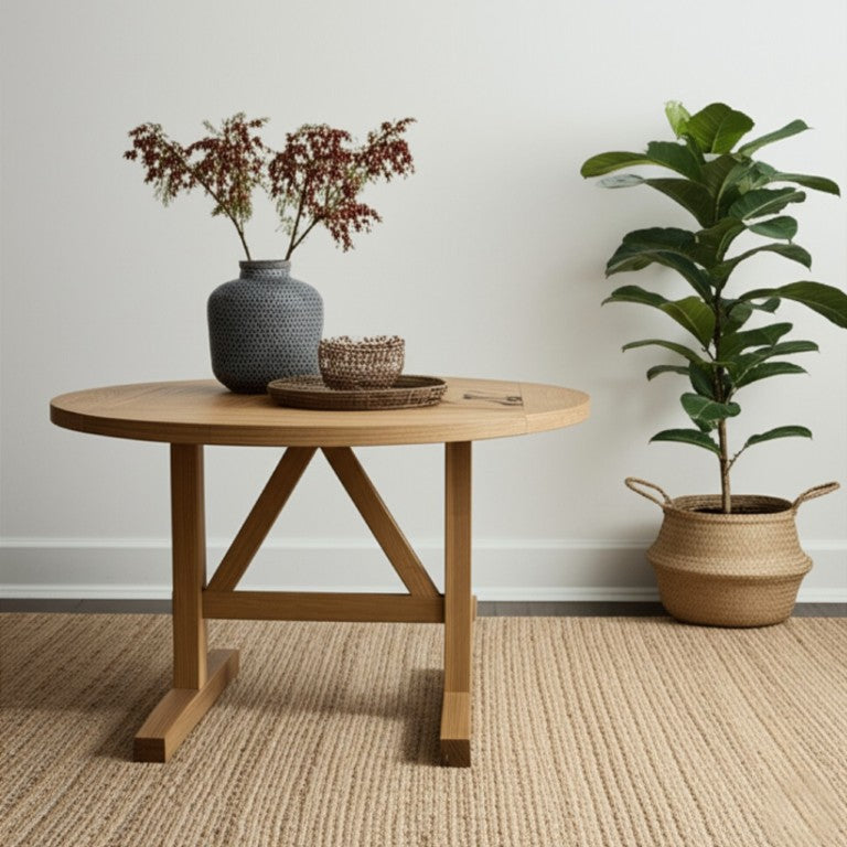 Alpine Furniture Eleanor Round Drop-Leaf Dining Table With Wood-Grain Finish, Trestle Base For Small Spaces Natural 3466-25