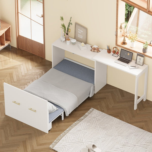English Elm Twin Size Murphy Chest Bed With Foldable Cushion & Adjustable Desk - Space-Saving White Dresser Unit N733P272603W-GIGA