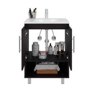 English Elm Conrad Black Resin Sink Vanity with Single Door Cabinet and Open Shelf — Modern Compact Bathroom Elegance B070P368088