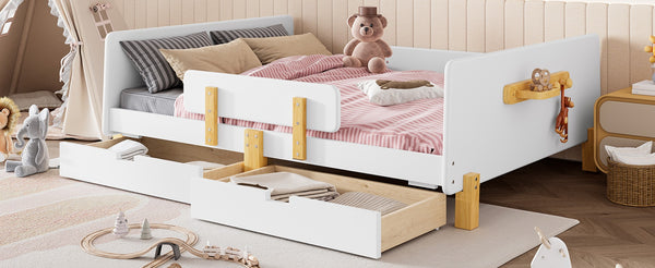 English Elm Twin Low Profile Kids Floor Bed Pine Wood Frame with Safety Rail and Built in Bookshelf Light White W1580P373244