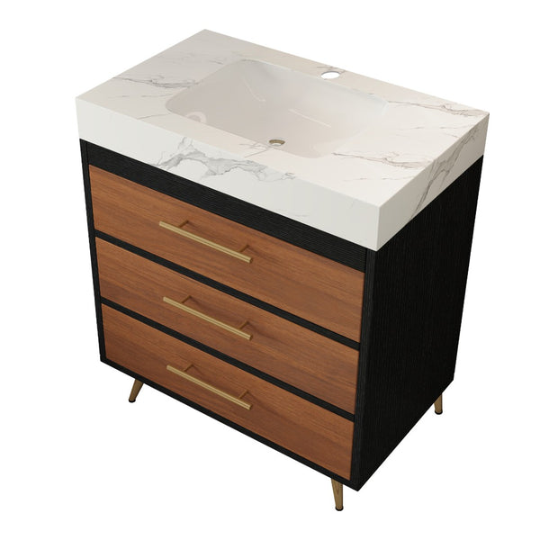 English Elm Modern Freestanding Vanity with Vessel Sink Sintered Stone Top and Gold Steel Legs W3136S00053