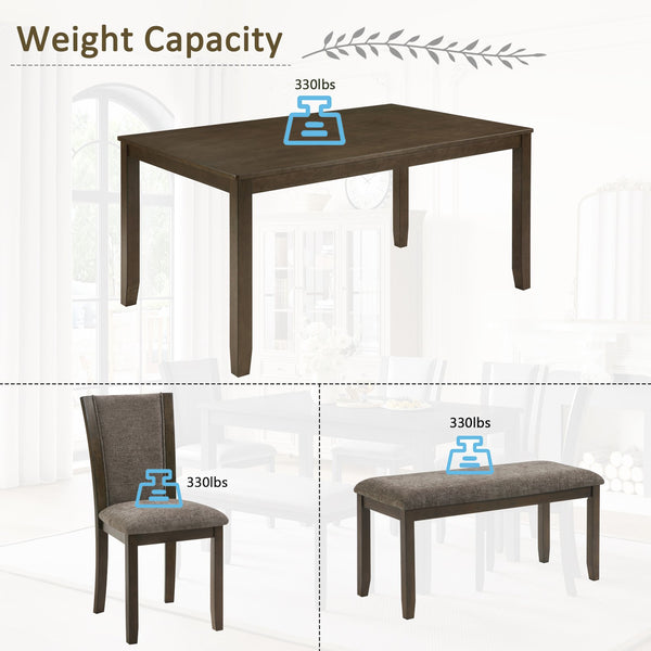 English Elm 6-Piece Rustic Dining Table Set With Bench & Chairs For 6, Dark Walnut Finish, Farmhouse Charm W1998S00086