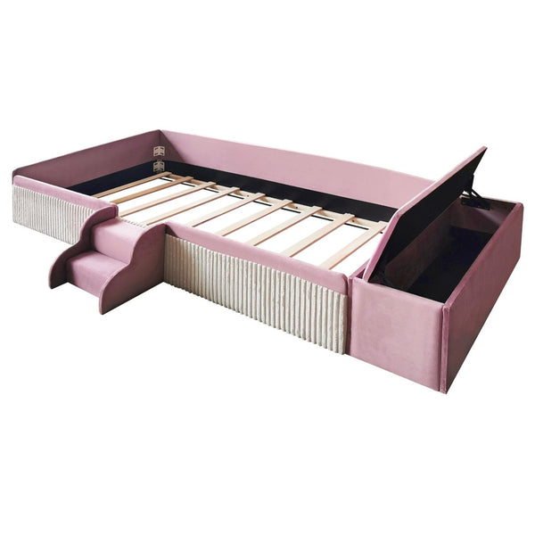 English Elm Twin Velvet Kids Daybed with Built-in Stairs Padded Guardrails and Gas Lift Storage Pink+White SF000201AAH