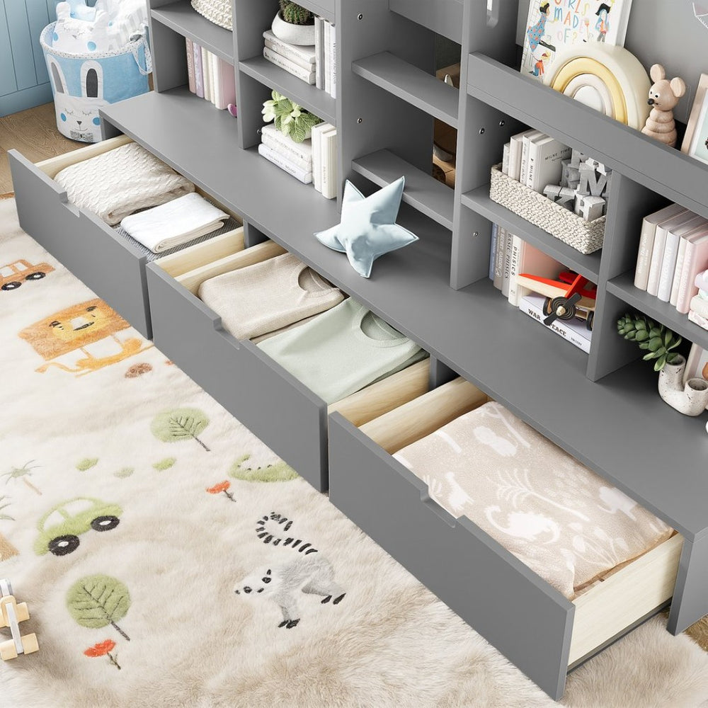 English Elm Full Bunk Bed with Trundle Bookshelf Storage Pine Frame Car Design for Kids W1580S00398