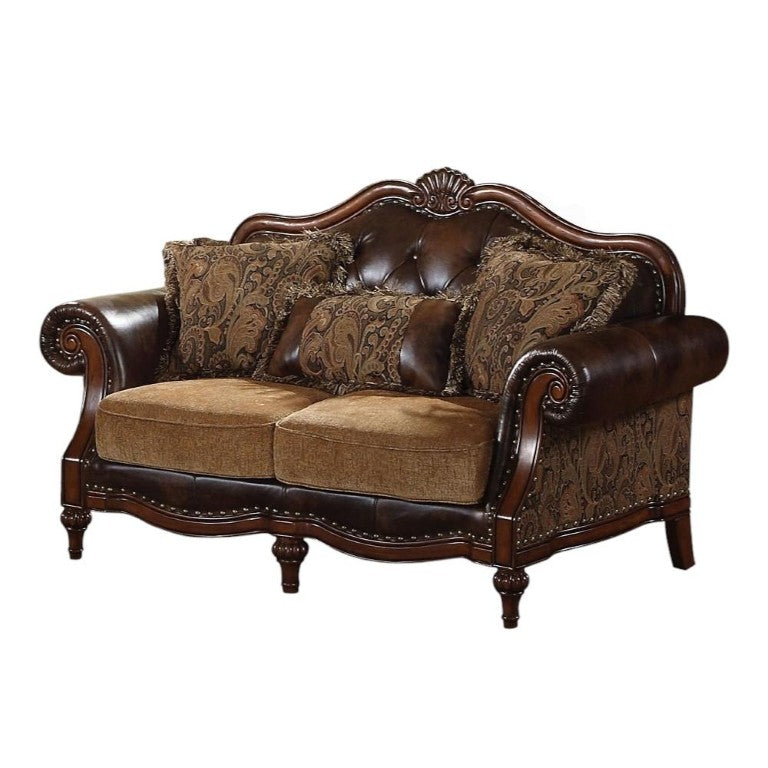 HomeRoots 70 Inch Faux Leather Chesterfield Loveseat with Tufted Arms and Classic Brown Finish 346974