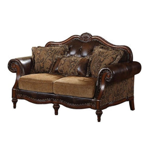 HomeRoots 70 Inch Faux Leather Chesterfield Loveseat with Tufted Arms and Classic Brown Finish 346974