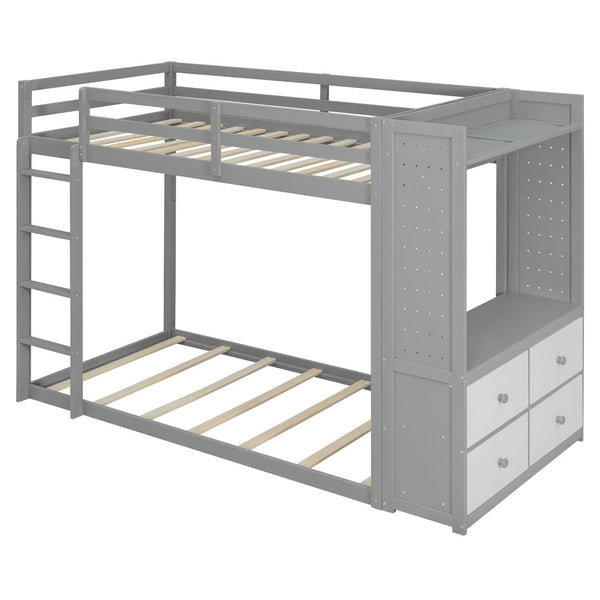 English Elm Twin Bunk Bed with Storage Drawers Hanging Rail Led Shelves and Pegboard Organizer Gray LT000282AAE