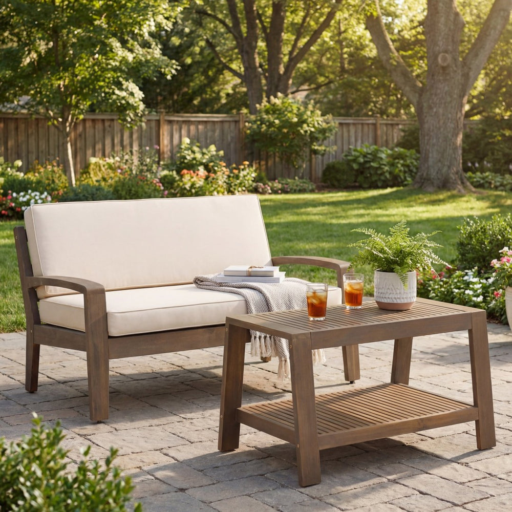 English Elm 2-piece Outdoor Acacia Wood Loveseat Set with Water-resistant Cushions for Patio Decks 57976.00SETFGRY_57976.00SETCUSH-BEISKIN