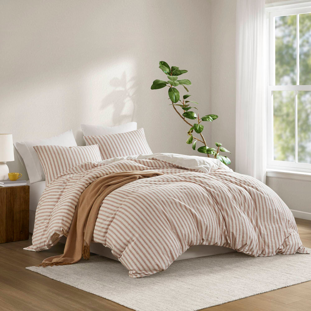 JLA Home Madison Park - 3PCS Linen-Cotton-Rayon Duvet Set with OEKO-TEX Comfort, Button Closure & Corner Ties, Breathable Stripes Terracotta MP12-8719