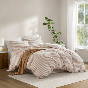 JLA Home Madison Park - 3PCS Linen-Cotton-Rayon Duvet Set with Breathable Cotton Reverse, Striped Classic Design, OEKO-TEX Certified Terracotta MP12-8720