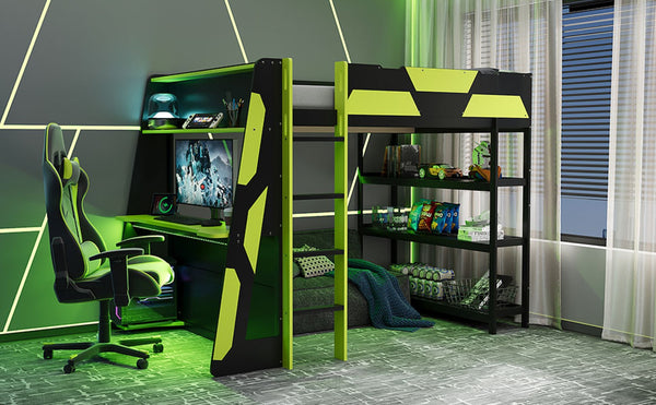 English Elm Full Size Gaming Loft Bed with Led Lighting Desk Shelves and Usb Charging Ports N820S00076F