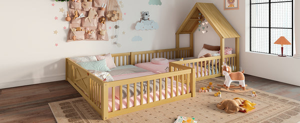 English Elm Full Full Size House Floor Bed with Door & Guardrails, Solid Wood Playful Design for Kids, Safe and Durable Natural W1580P327131