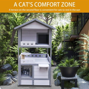 English Elm Three Story Solid Wood Outdoor Cat Villa with Balcony Weatherproof Feral Shelter W1431P284943