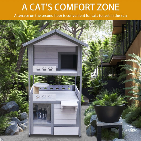 English Elm Three Story Solid Wood Outdoor Cat Villa with Balcony Weatherproof Feral Shelter W1431P284943