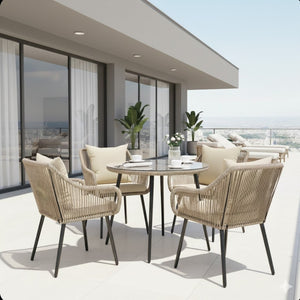 English Elm 5-piece Outdoor Wicker Patio Dining Set with Tempered Glass Table and Umbrella Hole Beige+Brown B082S00074