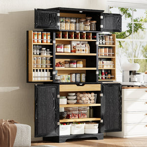 English Elm K&k Farmhouse Pantry Cabinet Tall Freestanding Kitchen Storage with Drawers Shelves Black N707P356567B