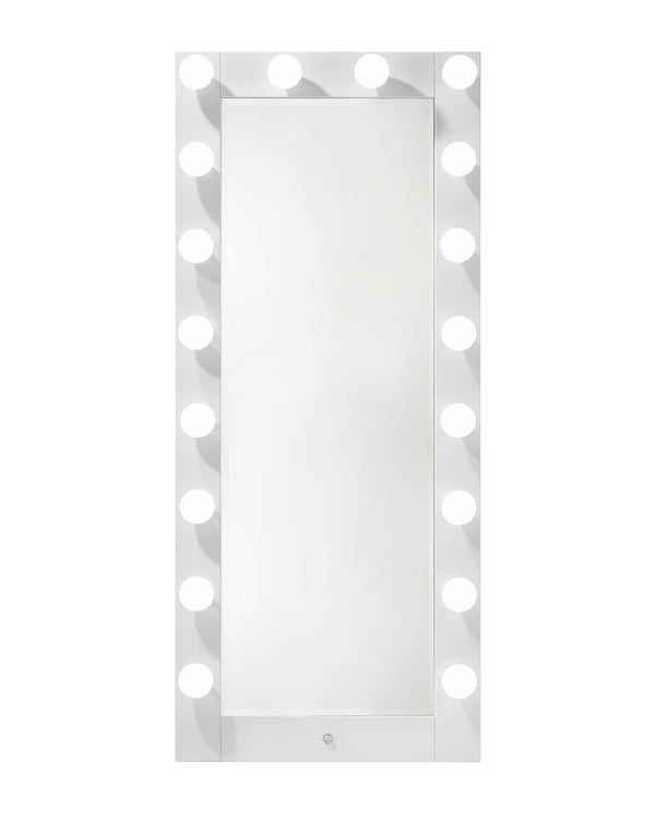 English Elm 1pc Glam Tall Lighted Mirror with Drawer Box Glossy White Vanity, Beveled Glass, Crystal Knob, Luxe Glow B011S01586