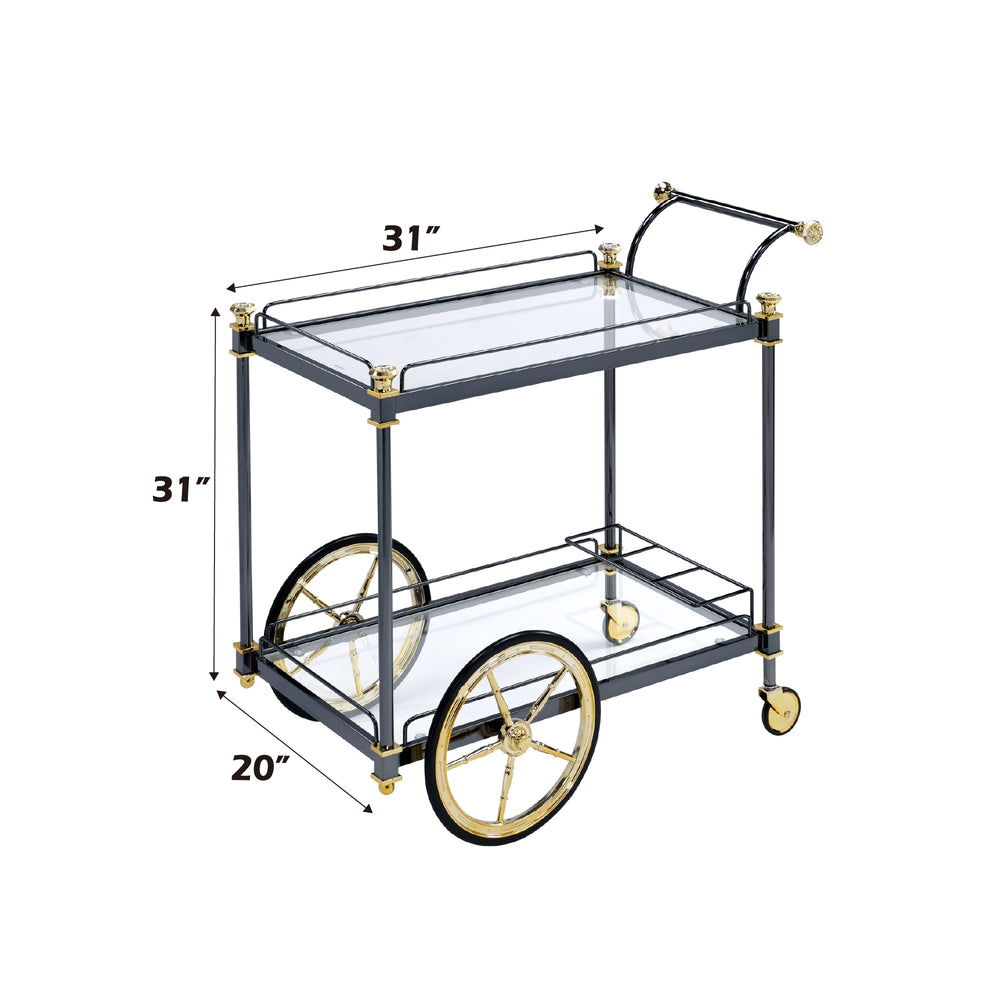 English Elm Cyrus Clear Glass Serving Cart with Black/Gold Metal Frame, Wine Rack, Handle & Smooth Casters B2726P256279