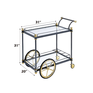 English Elm Cyrus Clear Glass Serving Cart with Black/Gold Metal Frame, Wine Rack, Handle & Smooth Casters B2726P256279