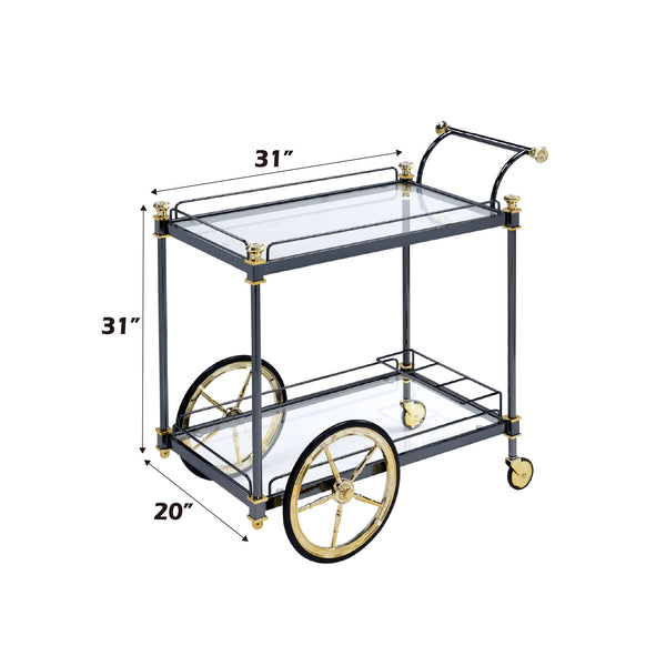 English Elm Cyrus Clear Glass Serving Cart with Black/Gold Metal Frame, Wine Rack, Handle & Smooth Casters B2726P256279