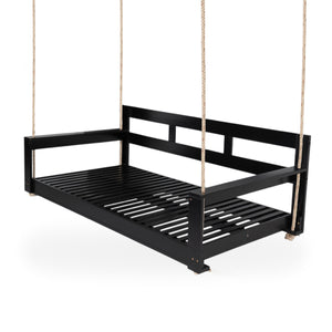 English Elm TOPMAX Acacia Wood Twin Porch Swing Bed Frame with High Back, 350lb Capacity & 118" Hemp Ropes Black N717P265795B