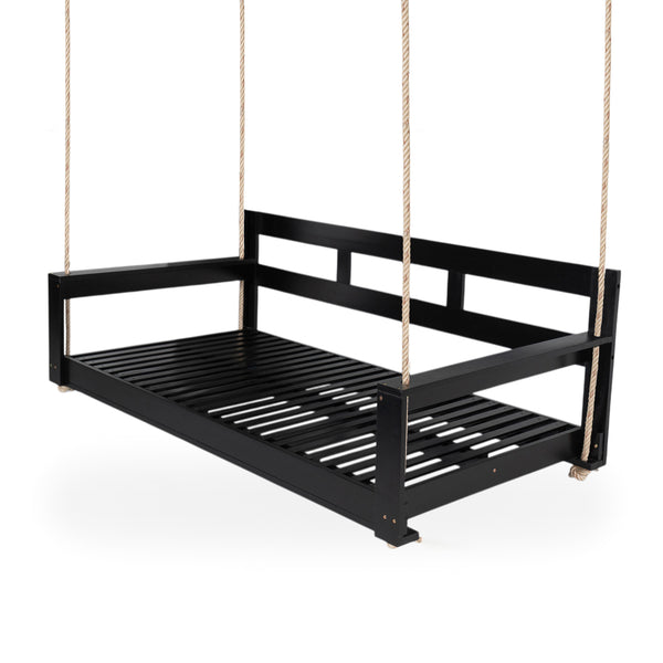 English Elm TOPMAX Acacia Wood Twin Porch Swing Bed Frame with High Back, 350lb Capacity & 118" Hemp Ropes Black N717P265795B